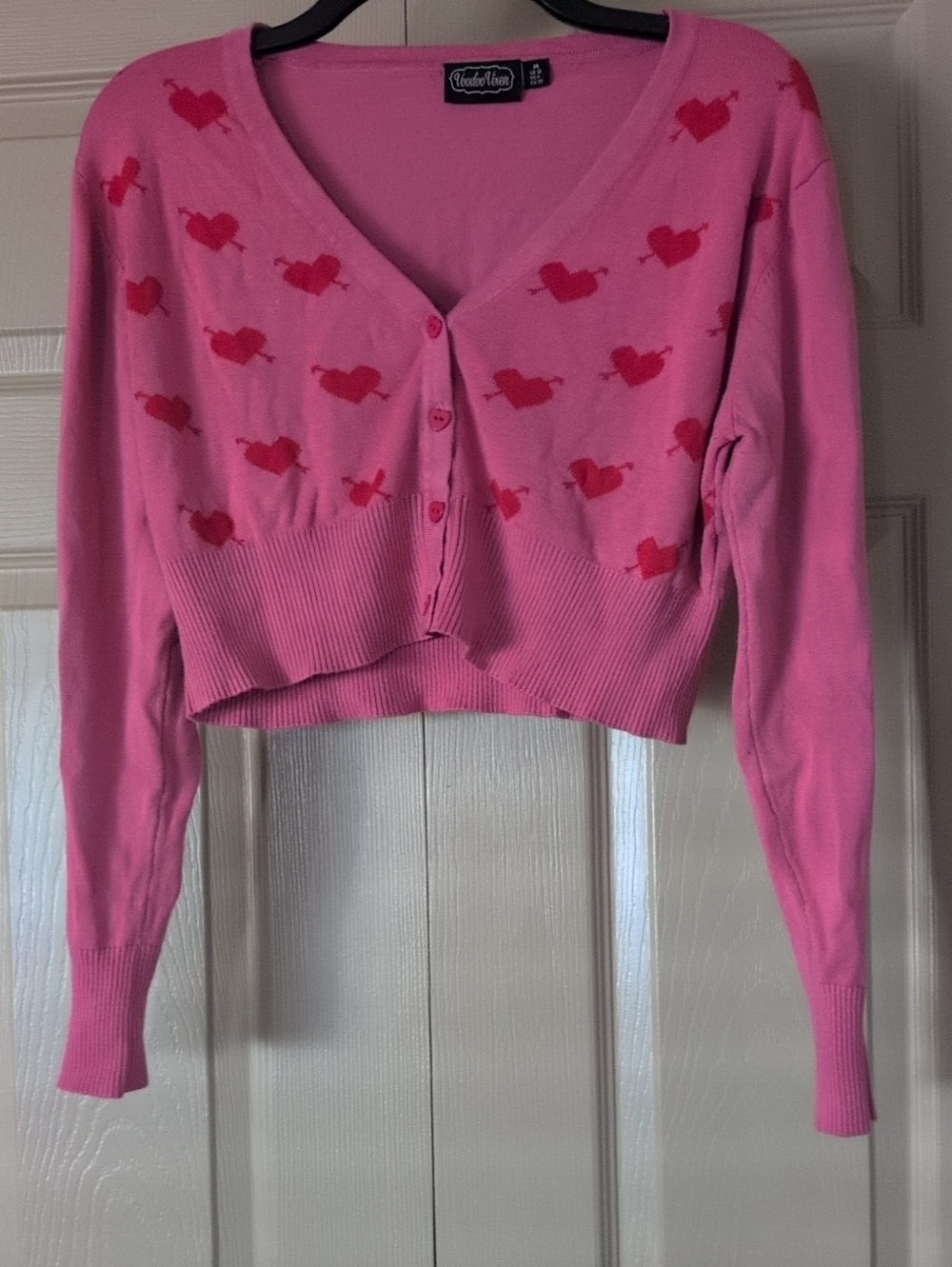 Voodoo Vixen Pink Heart Print Cropped Cardigan